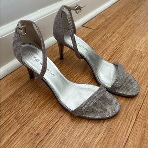 Stuart Weitzman Nunaked Silver Glitter Ankle-Strap Sandals